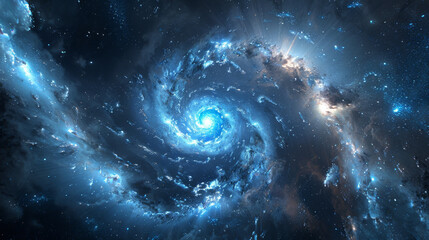 Obraz premium galaxy in sky blue and black, featuring spirals and clusters of stars.