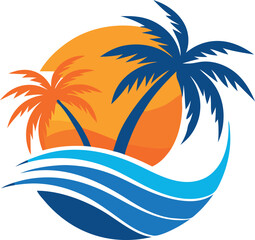Obraz premium A tropical scene with palm trees and a blue ocean