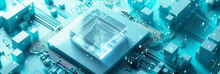 Quantum Computing, a minimalistic 3D quantum gate on a vibrant turquoise background, showcasing the building blocks of quantum circuits