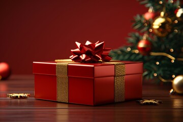 Obraz premium Gifts on the Christmas tree. Festive red background with gift boxes. Happy New Year and Merry Christmas