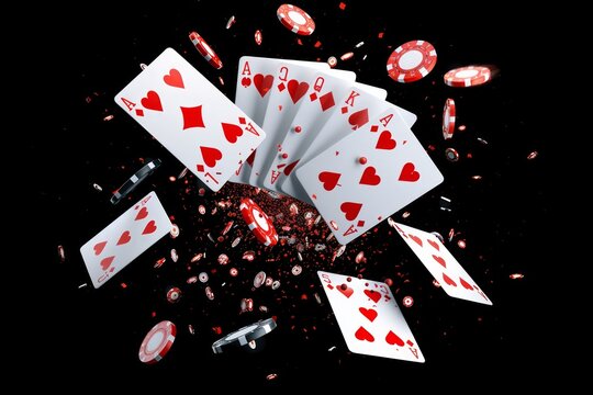 Royal flush explosion cards flying down from the sky