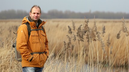Portrait of happy positive mature man with broad smile in elegant clothes on an autumn walk in field