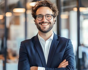 Fototapeta premium Confident businessman in a modern office, smiling at the camera with arms crossed, wearing glasses and a suit.