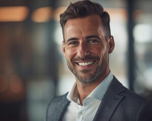 Obraz premium Confident businessman in a grey suit smiling in an office setting, showcasing professional success and career achievements.