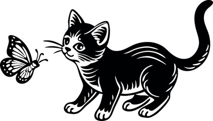 Obraz premium A black and white cat is chasing a butterfly