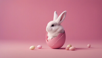 Obraz premium Precious Easter bunny with fluffy white fur and pink paws emerging from a cracked pink egg on a tranquil pastel pink backdrop with space for copy
