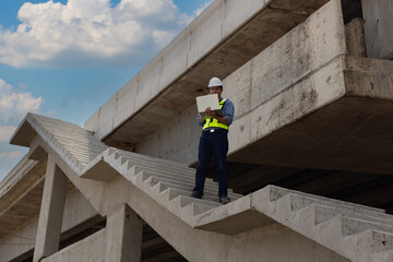 A smart Asian male engineer standing on a staircase concrete viaduct with an unfinished railway...