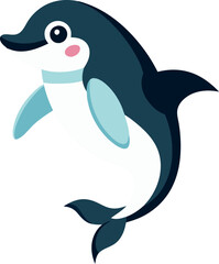A cartoon dolphin with a pink nose and blue fins