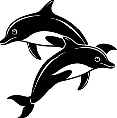 Fototapeta premium Two black and white dolphins are leaping out of the water