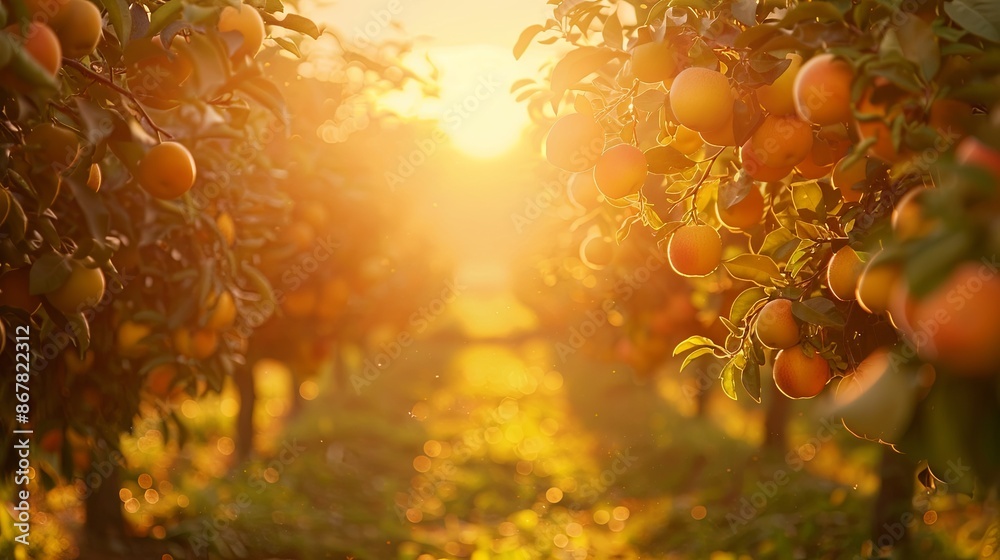 Poster A close-up of ripe apples hanging from a tree branch in an orchard, with the setting sun creating a warm, golden glow. Generative AI
