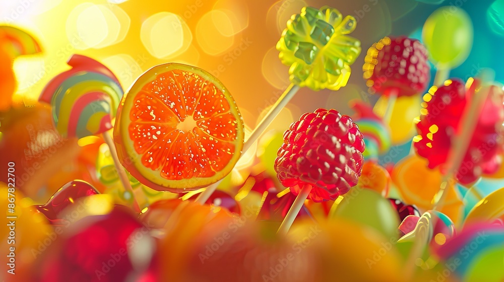 Poster a close-up image of colorful candy and fruit lollipops on sticks, set against a bright bokeh backgro