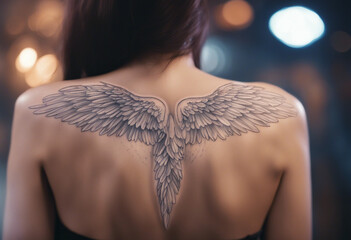 angel wings tattoo on women shoulder, blurry spot lights at background