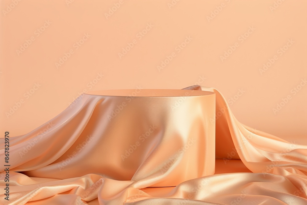 Canvas Prints A refined and elegant image featuring a round pedestal covered with smooth peach-colored fabric, positioned against a matching peach backdrop, highlighting simplicity.