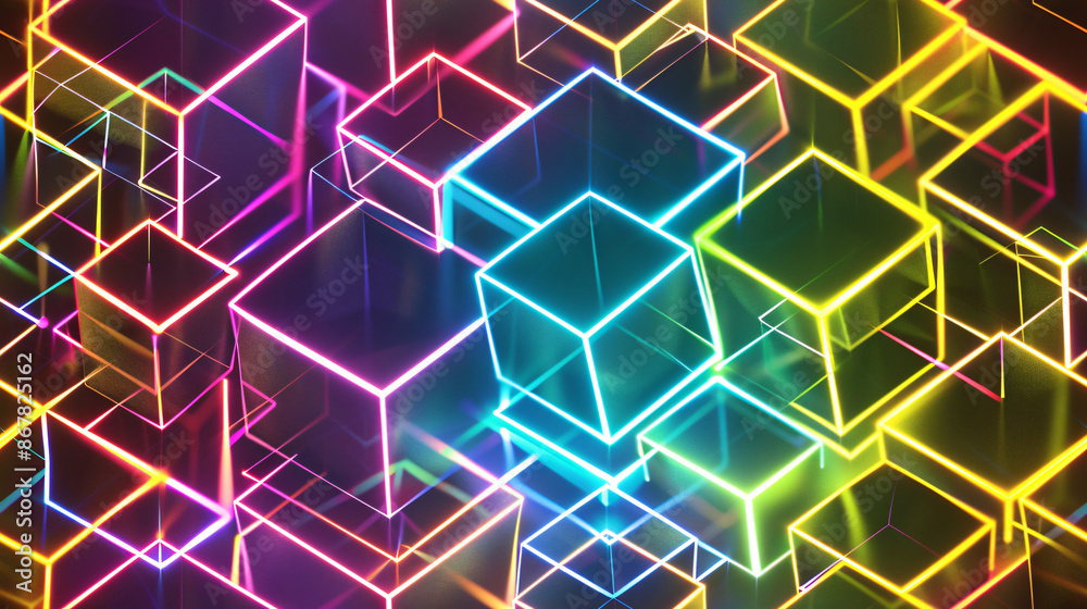 Poster abstract background showing interconnected neon cubes glowing in the dark, a futuristic technology c