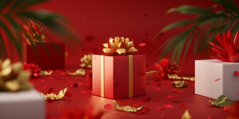 Festive red background with gift boxes. Happy New Year and Merry Christmas