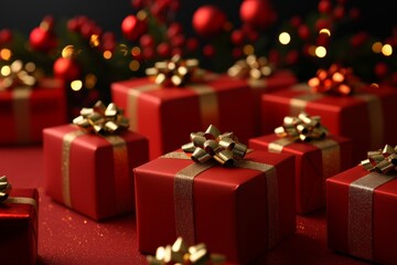 Obraz premium Gifts on the Christmas tree. Festive red background with gift boxes. Happy New Year and Merry Christmas