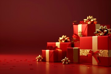 Festive red background with gift boxes. Happy New Year and Merry Christmas