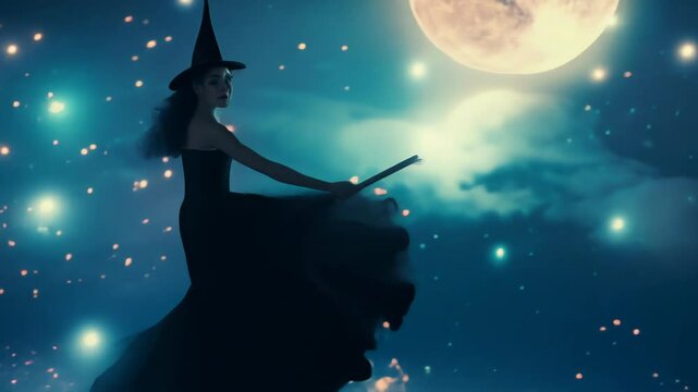 A witch in a classic black robe flies on a broom against the backdrop of a bright full moon and starry sky. Mystical and magical atmosphere