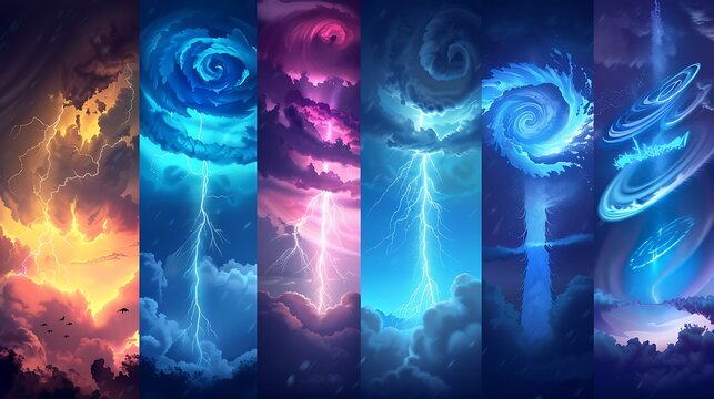 Vector illustrations of different weather phenomena thunderstorms hurricanes blizzards tornadoes meteorological symbols safety tips ideal weather forecasting websites and emergency preparedness guides