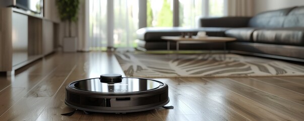 Robot vacuum cleaner navigating and cleaning a spacious, sunlit living room with modern furnishings and decor.