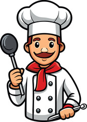 A cartoon chef holding a spoon and a knife