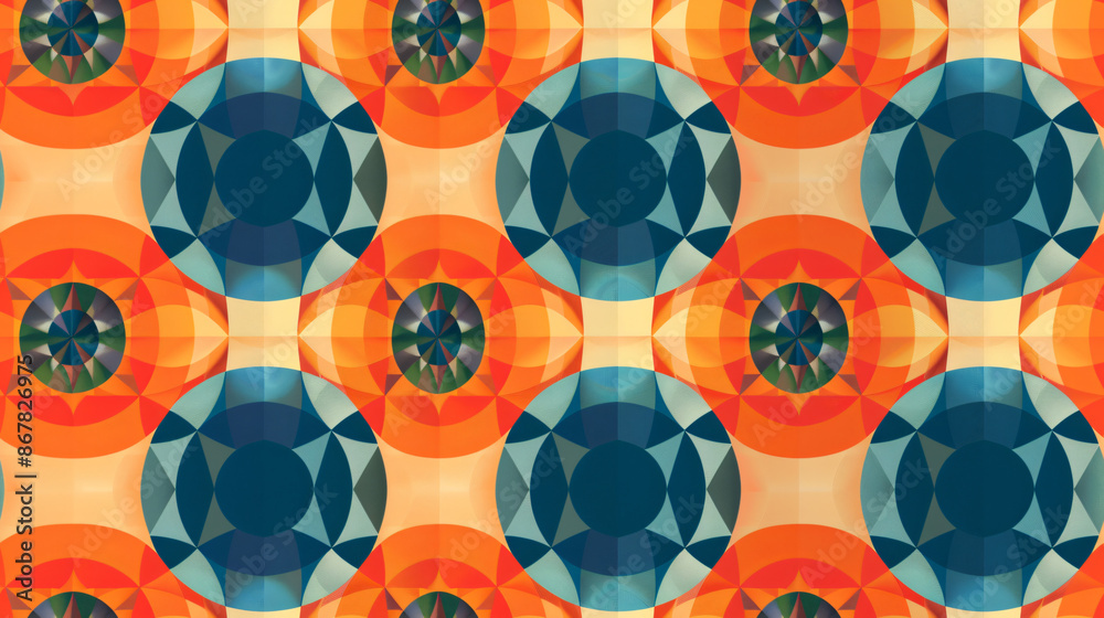 Aufkleber Geometric pattern with overlapping circles and triangles in a mid century modern color palette
