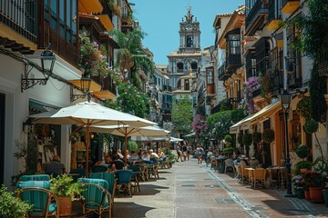 Naklejka premium A street with many tables and chairs, and people sitting and eating