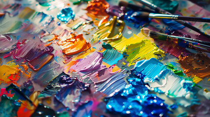Fototapeta premium A glass palette covered with bright, multicolored paint blobs and paintbrushes resting on it, creating a visually appealing mix of colors.
