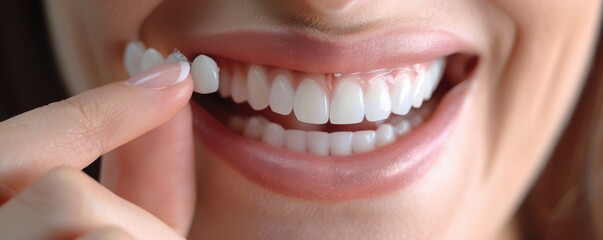 Fototapeta premium A woman is holding a small white object in her mouth. The object is a dental appliance that is meant to help clean her teeth. 
