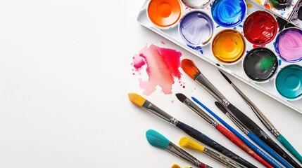 A set of watercolor paints and brushes arranged on a white background with colorful splatters. Ideal for promoting art supplies and creative activities.