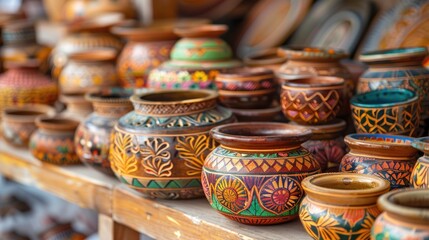 Colorful handmade handicrafts for sale with selective focus in souvenir market Wooden crafts displayed in Uttarakhand shop with space for text
