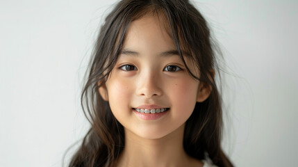 Fototapeta premium small smiling asian child with metal braces on teeth, orthodontist, dentist, oral cavity, mouth, kid, baby, portrait, face, tooth, health, straight, bite, treatment, white background, korean girl