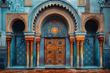 Obraz premium The blue and gold archway entrance to a building has a blue and gold tile design