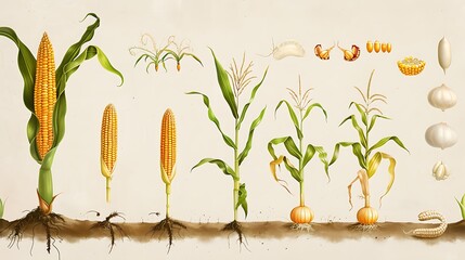 Series of illustrations lifecycle of Corn Plant Zea mays highlighting stages seed seedling vegetative growth flowering and kernel production with visuals of its agricultural importance and maize cobs
