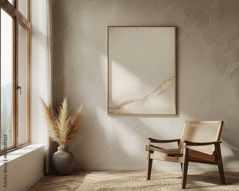 Canvas Prints A minimalist art depicting an empty beige room illuminated by sunlight from a large window, featuring a wicker chair and an arrangement of pampas grass in a vase.