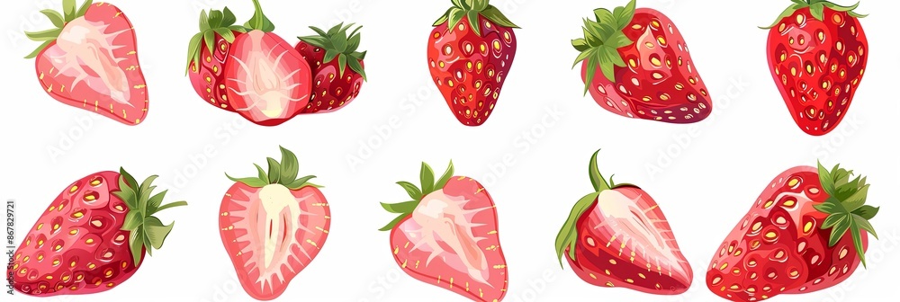 Poster a collection of red strawberries, both whole and halved, isolated on a white background. generative 