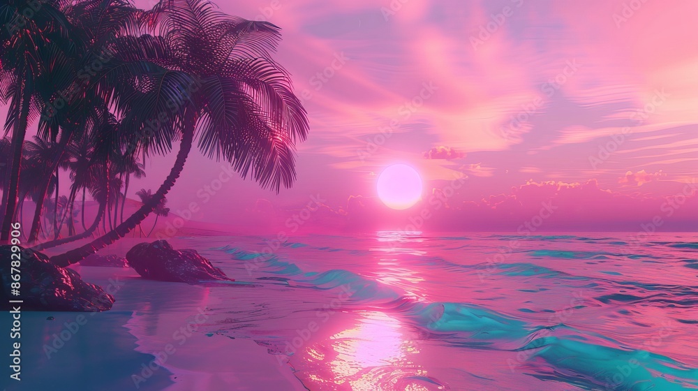 Poster This image captures a mesmerizing pink and purple sunset on a tropical beach featuring palm trees and calm waves, evoking a serene and peaceful ambiance.