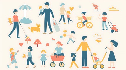 Set of graphic resource parenting family life including icon representing child development stage parenting tip educational activity family bonding idea suitable parenting blog familyoriented websites