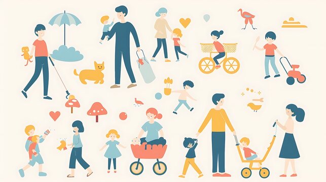 Set of graphic resource parenting family life including icon representing child development stage parenting tip educational activity family bonding idea suitable parenting blog familyoriented websites