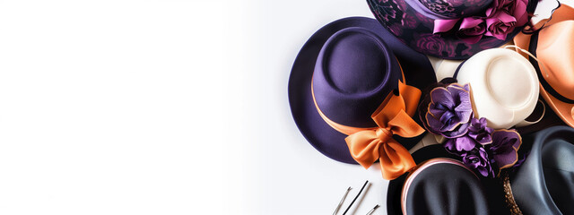 Collection of elegant hats arranged on a white background. National Hat Day, High Society Events and Parties, Tea Parties banner