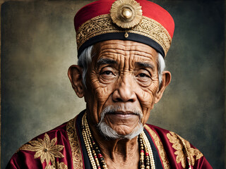 Portrait of indonesian old man. indonesian typical elderly man in indonesian national costume portrait. generative AI