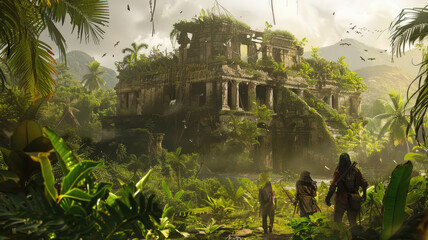 Raiders of lost city in jungle, adventurers walk to ancient temple in rainforest, fantasy scene in wild forest. Concept of adventure, people, explore, travel, journey
