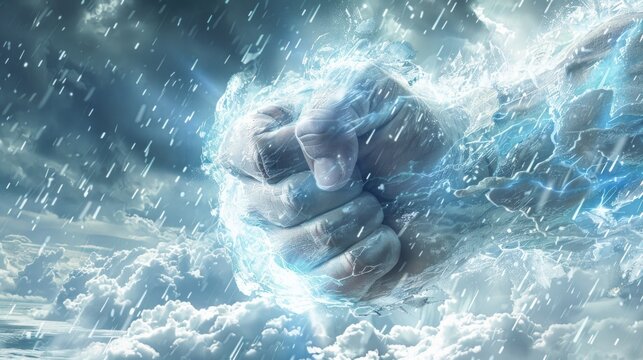 powerful clenched fist of god emerges from ominous storm clouds, symbolizing strength and determination in the face of chaos.