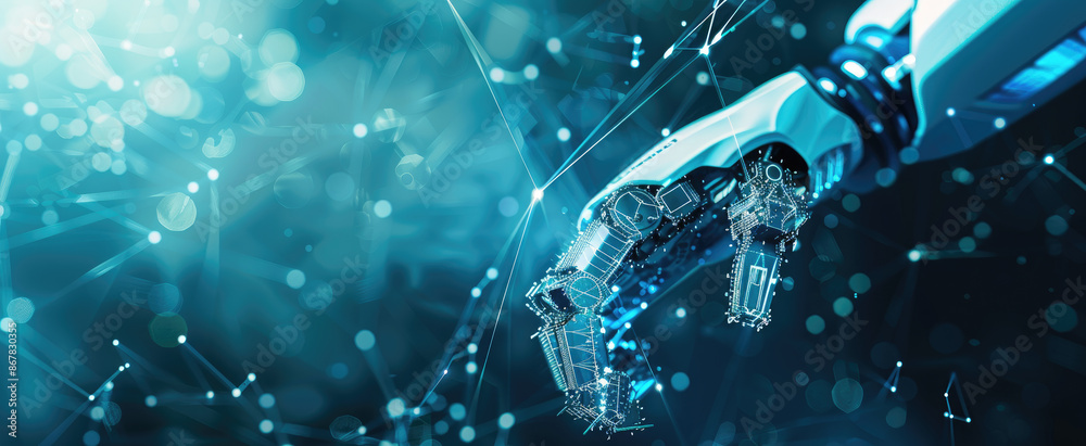 Canvas Prints robot hand on abstract tech background, futuristic industrial arm in lab, panoramic banner. concept 