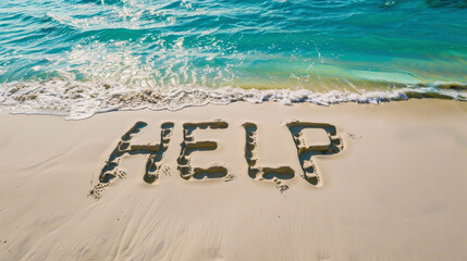 Fototapeta premium Deserted beach of uninhabited tropical island, sand with inscription HELP from lost in sea. Aerial view of empty ocean shore. Concept of shipwreck, sos, castaway, message