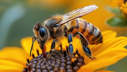 Fototapeta premium Close-Up of a Honey Bee on a Yellow Flower