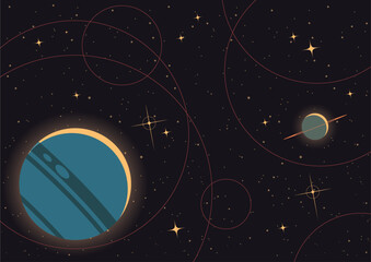 Cosmic Illustration, Deep Space Panorama, Planetary Orbit, Stars, Moon. Starry Background, Vector Template for Space Posters, Covers, Illustrations © koyash07