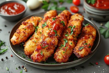 Fototapeta premium A plate of chicken wings with a side of ketchup and parsley