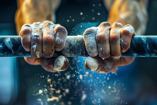 Close-up shot of a gymnast's hands gripping the parallel bars, chalk dust in the air