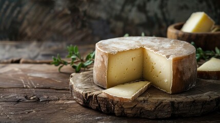 Aged cheese ready to eat in rustic setting with copy space